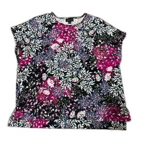 J Jill Wearever Collection Top M Black Purple Green Floral Boho Business Casual